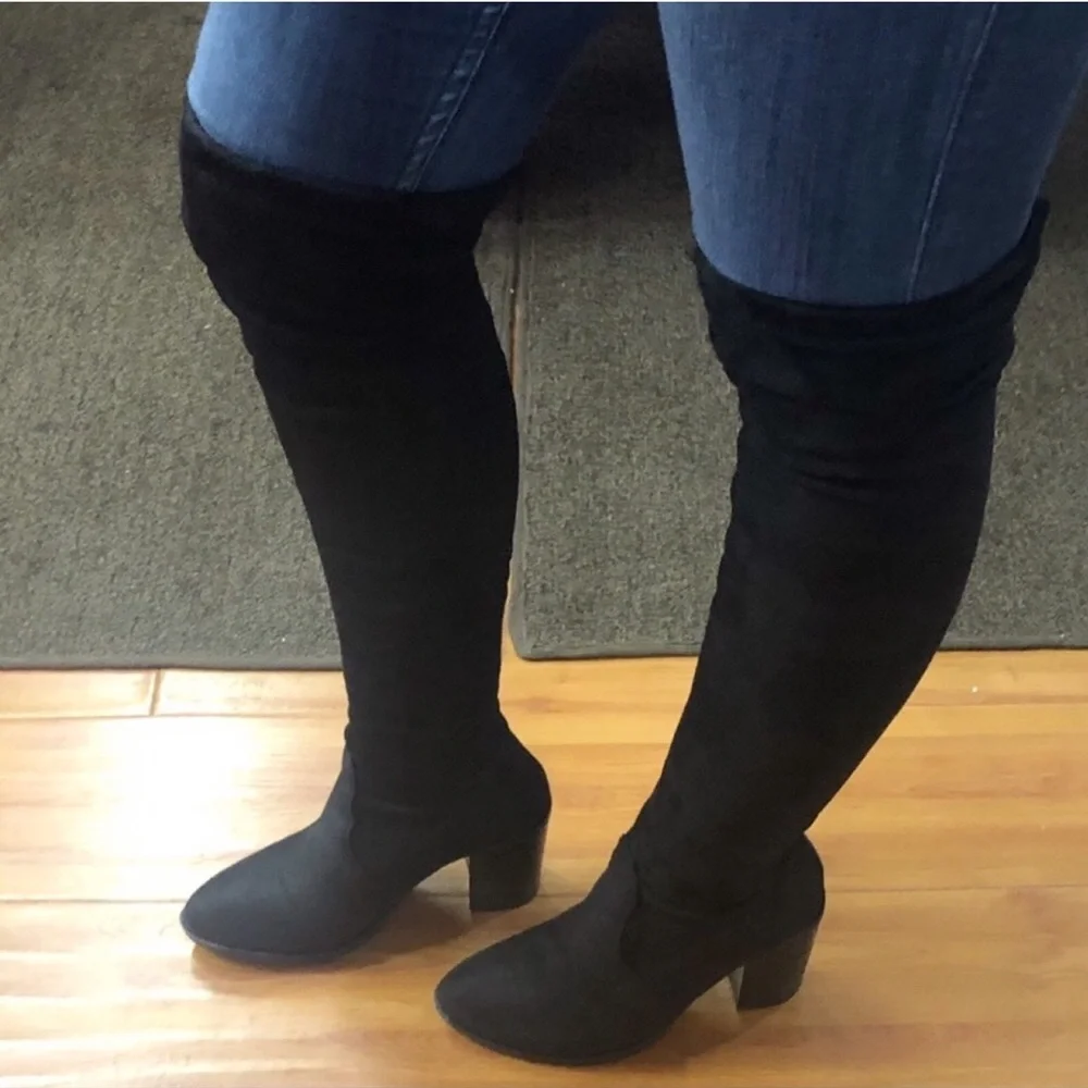 Black Over The Knee Boots, Chunky Heel